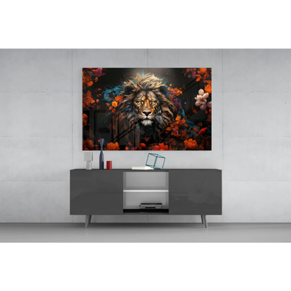 Majestic lion glass wall art with golden eyes and autumn florals