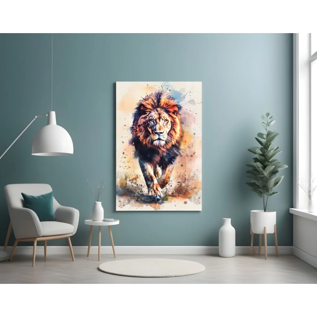 Roaring lion watercolor wall art print on canvas