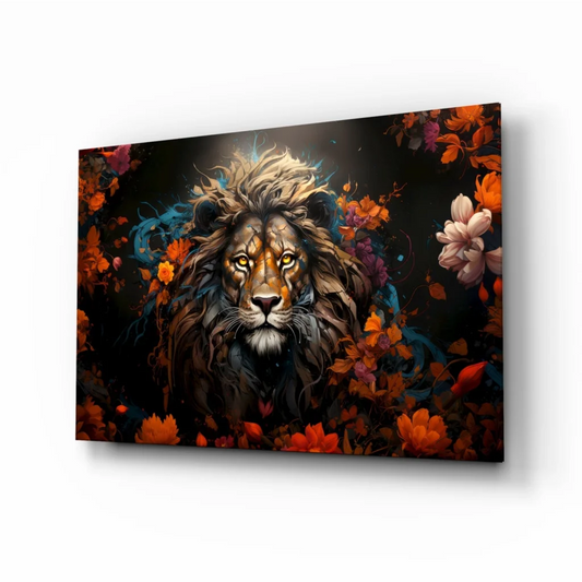 Majestic lion glass wall art with golden eyes and autumn florals