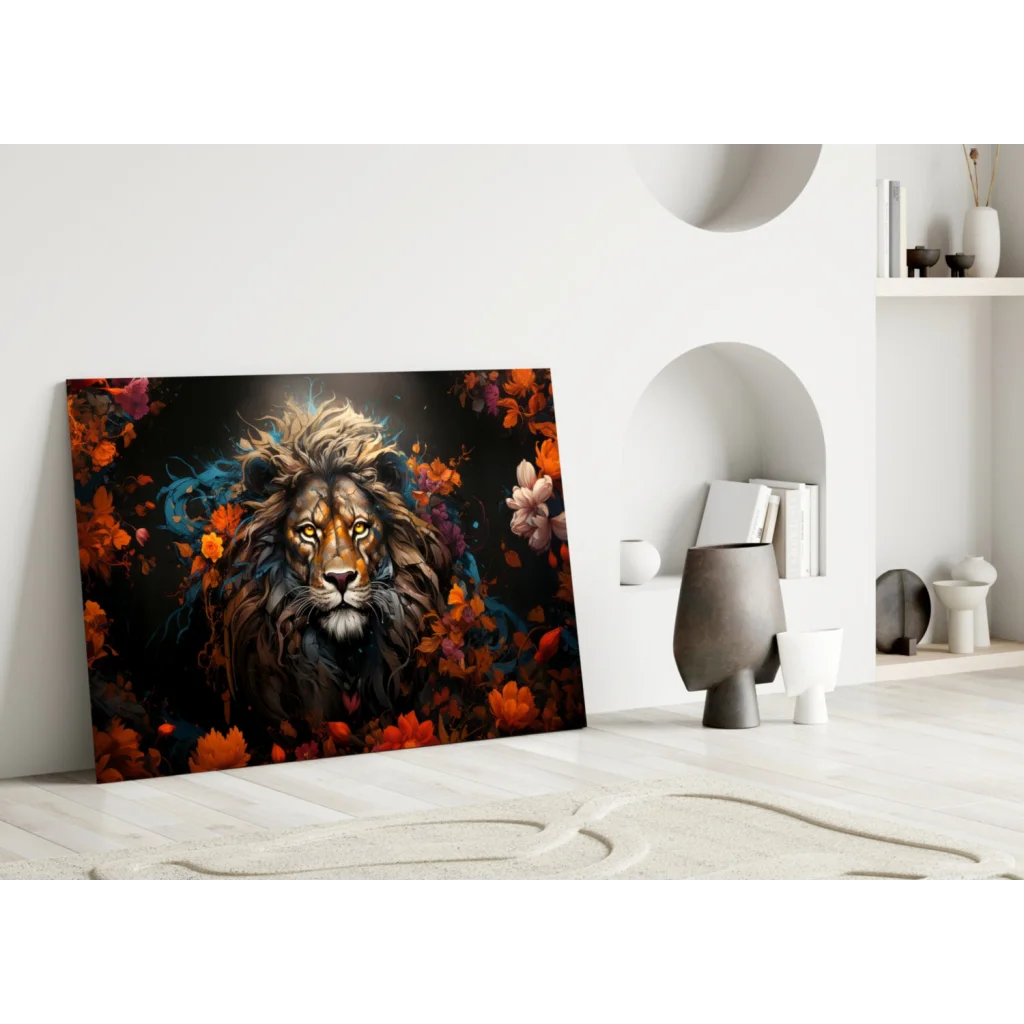 Majestic lion glass wall art with golden eyes, flowing mane, and autumn florals