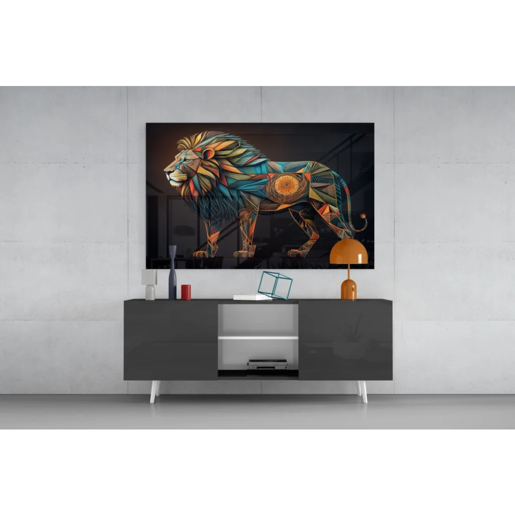 Vibrant geometric lion glass wall art in teal, gold, orange on black