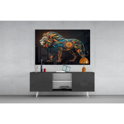 Vibrant geometric lion glass wall art in teal, gold, orange on black