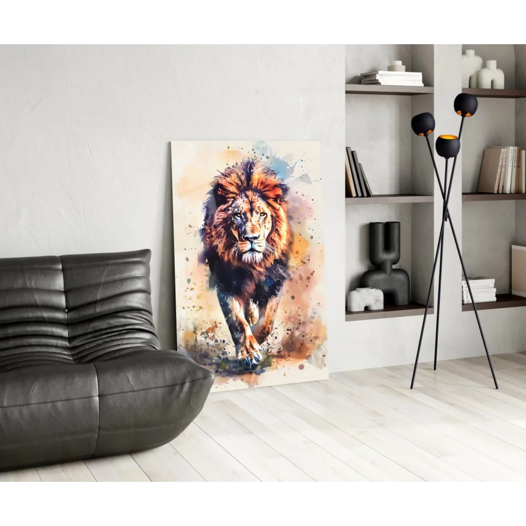 Vibrant roaring lion watercolor wall art print on canvas