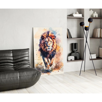 Vibrant roaring lion watercolor wall art print on canvas