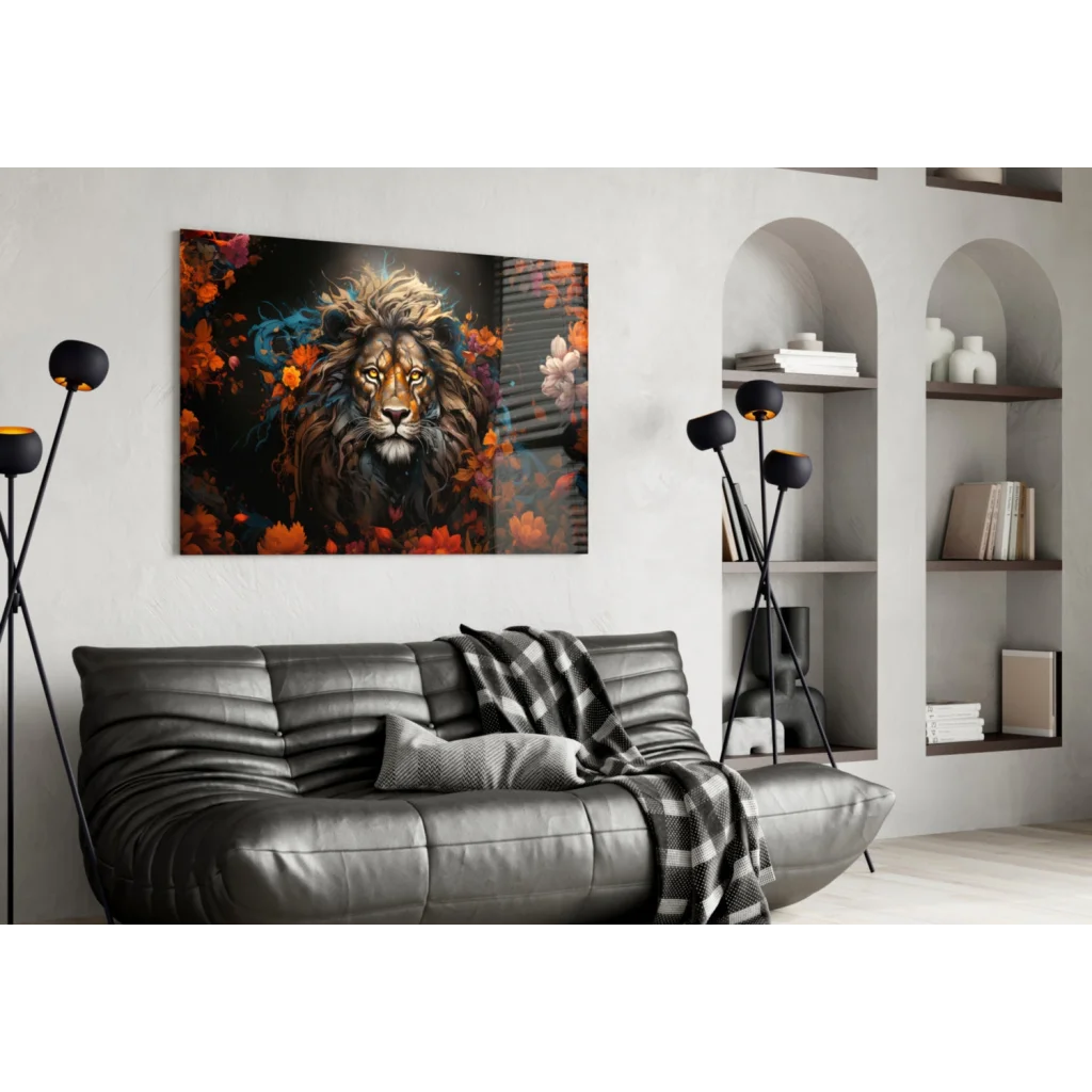 Majestic lion glass wall art with vibrant autumn leaves and florals