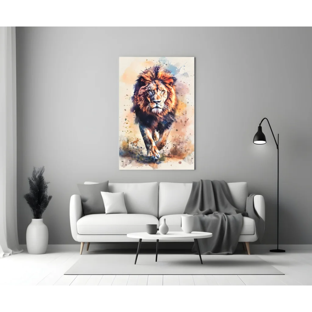 Vibrant roaring lion watercolor wall art canvas print