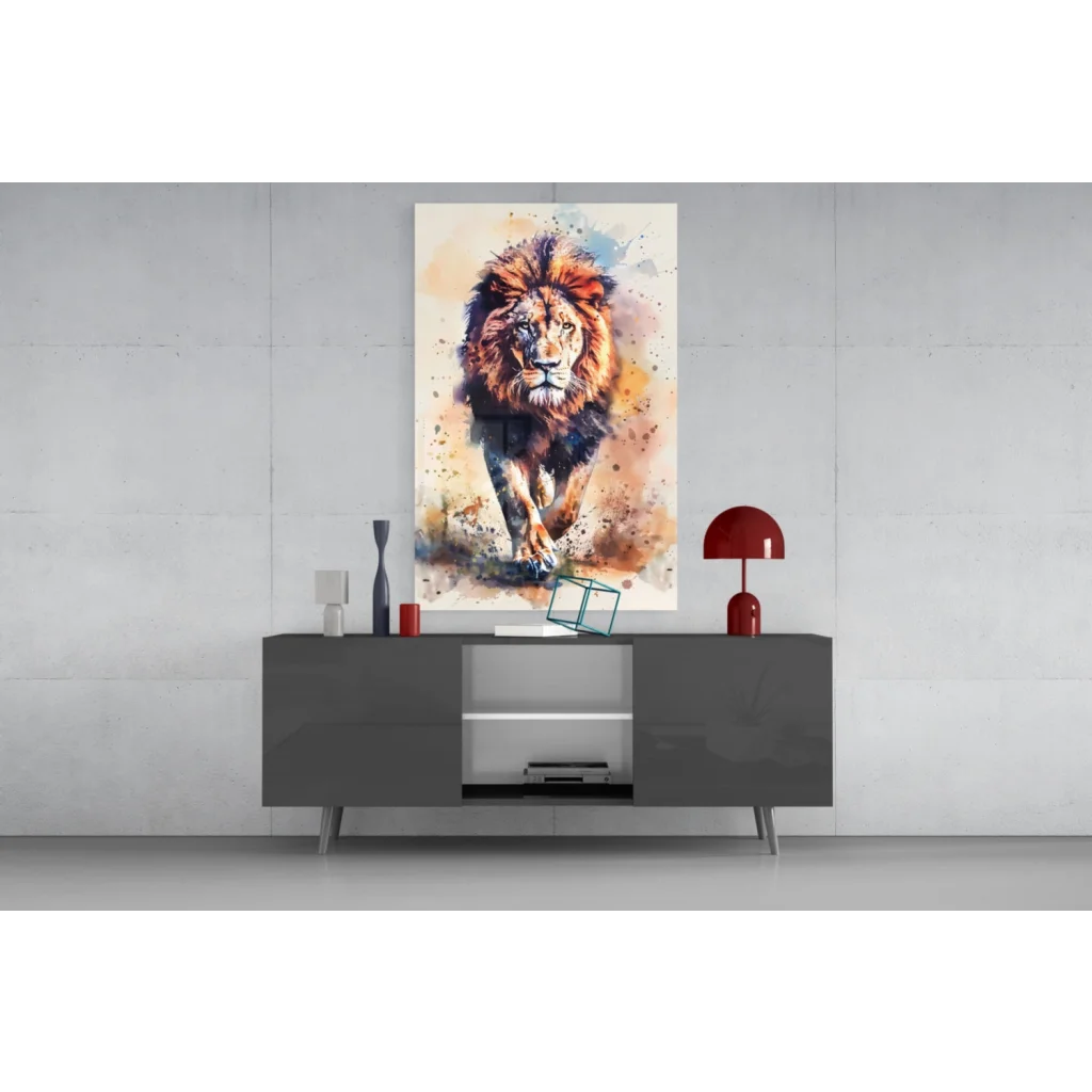 Vibrant roaring lion watercolor canvas wall art print