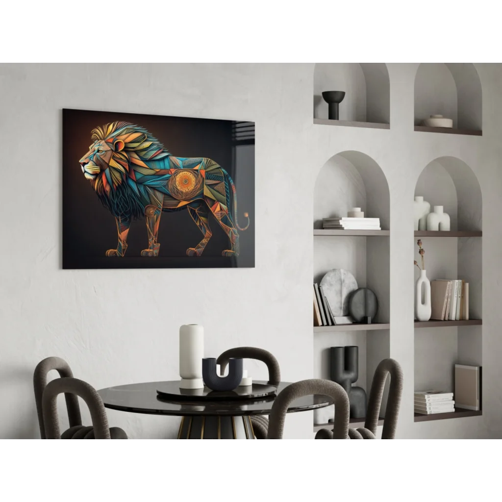 Vibrant geometric lion glass wall art in teal gold orange on dark background