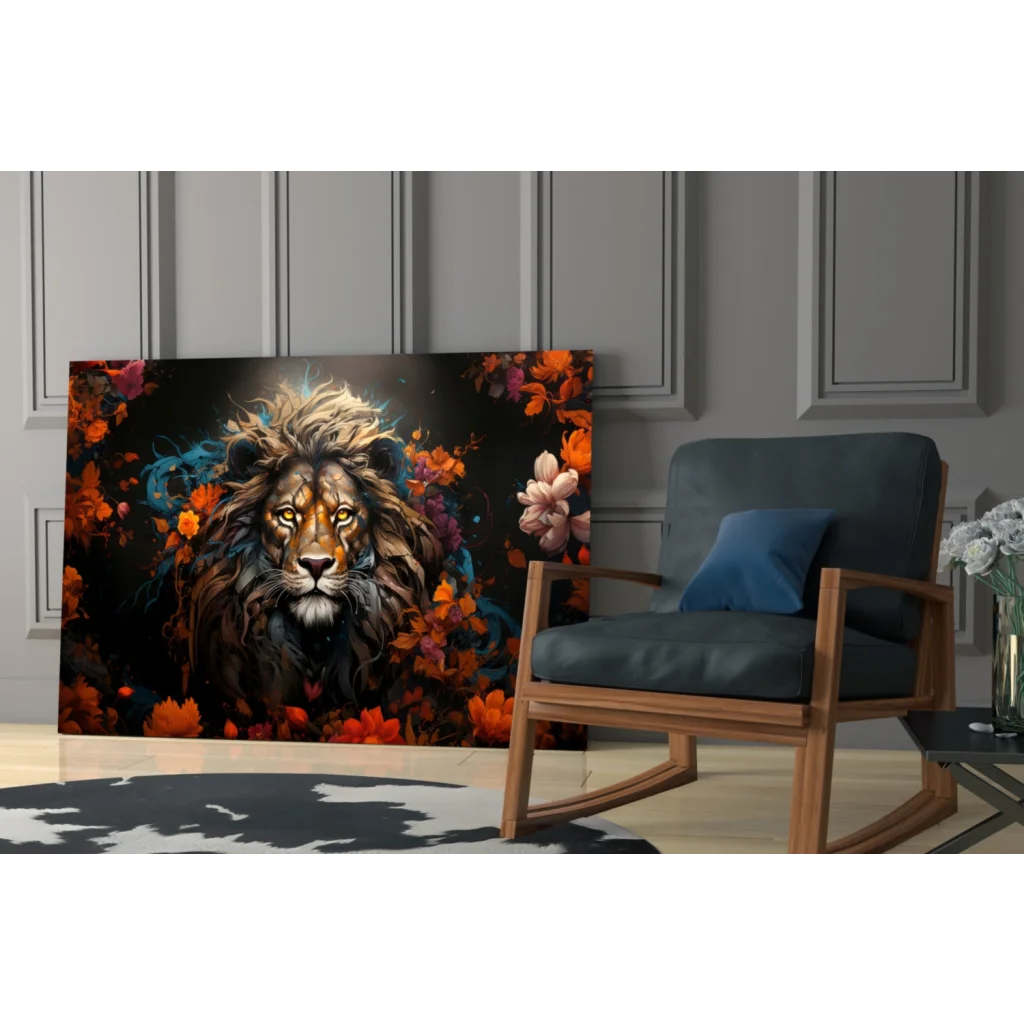 Majestic lion glass wall art with golden eyes, mane, and swirling autumn florals