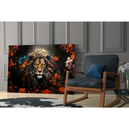 Majestic lion glass wall art with golden eyes, mane, and swirling autumn florals