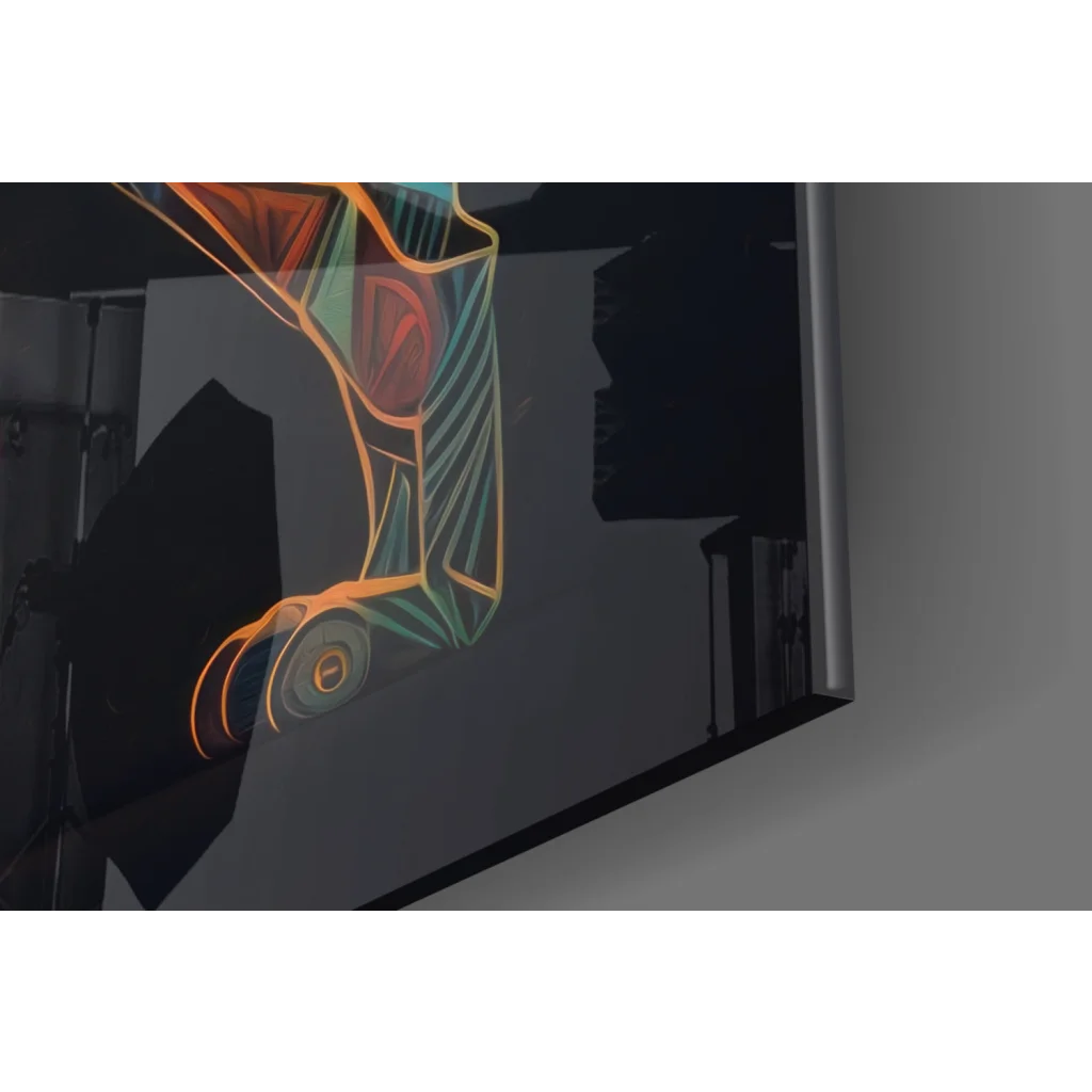 Geometric Lion glass wall art with glowing orange teal lines