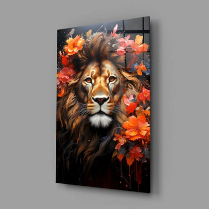 Majestic Lion Glass Wall Art with Vibrant Floral Blooms | Glass Wall Art Print | vintageantiquesgifts.com