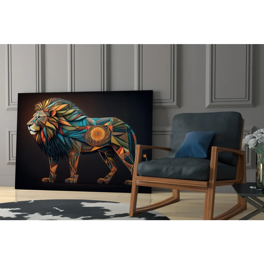 Vibrant geometric lion glass wall art in teal, gold, orange on black