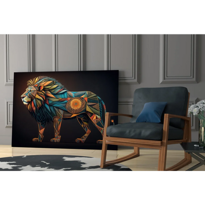 Vibrant geometric lion glass wall art in teal, gold, orange on black