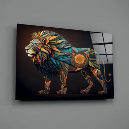 Vibrant geometric lion glass wall art in bold blue, orange, gold