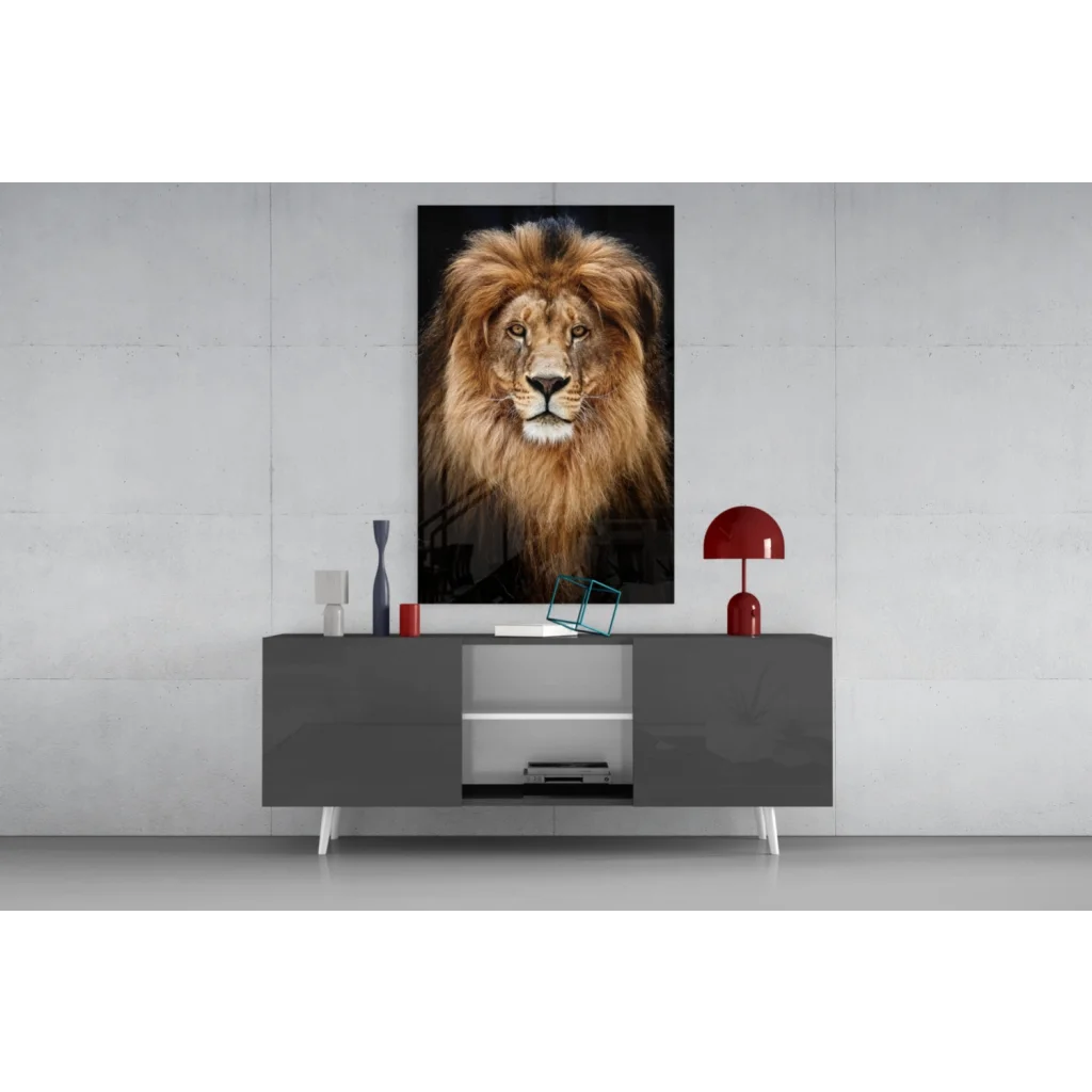 Majestic lion glass wall art print with golden fur and amber eyes