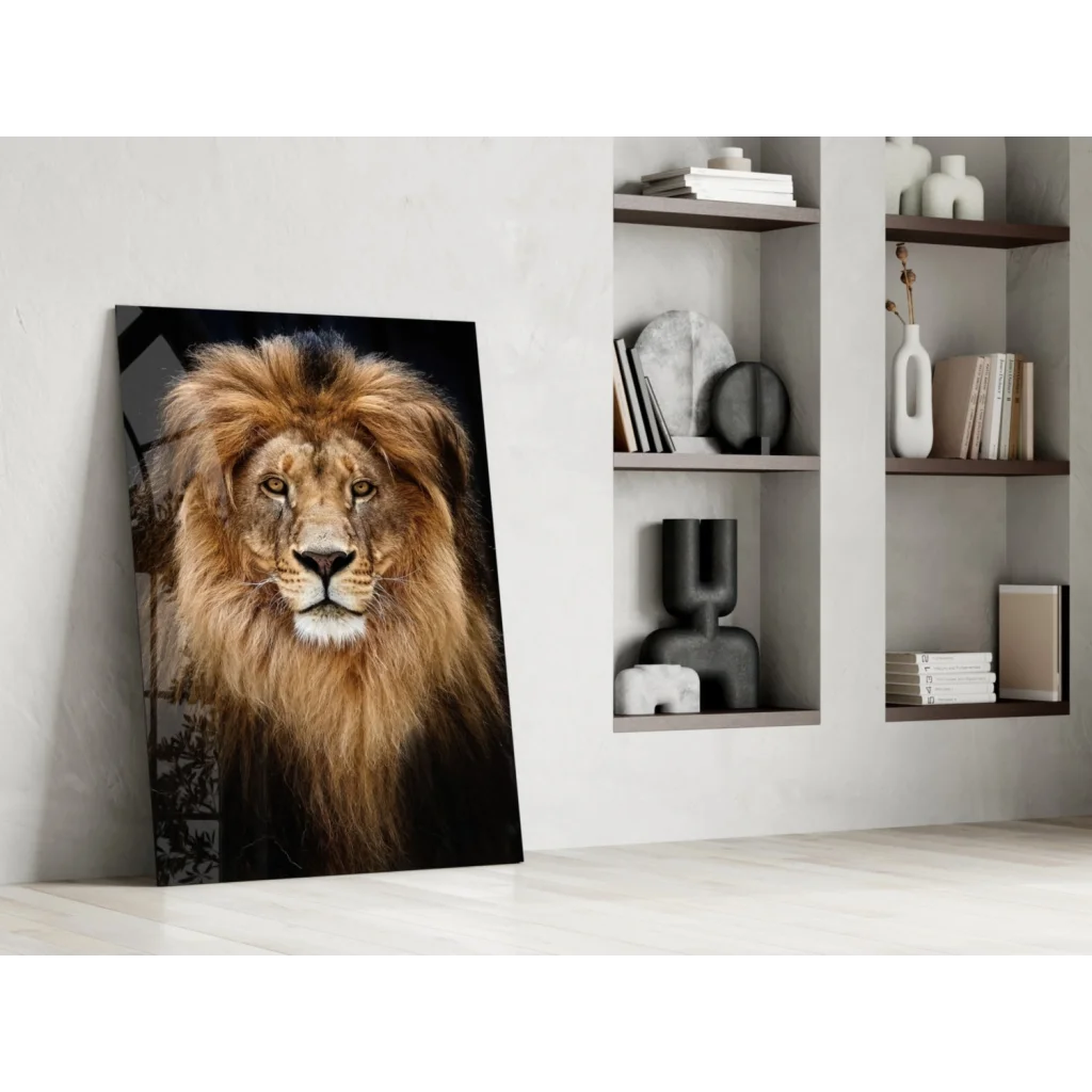 Majestic male lion glass wall art print on black background