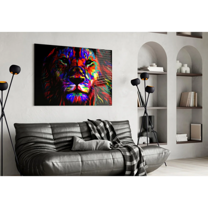 Neon Lion Glass Wall Art with Electric Abstract Colors | Contemporary Home Wall Art | vintageantiquesgifts.com