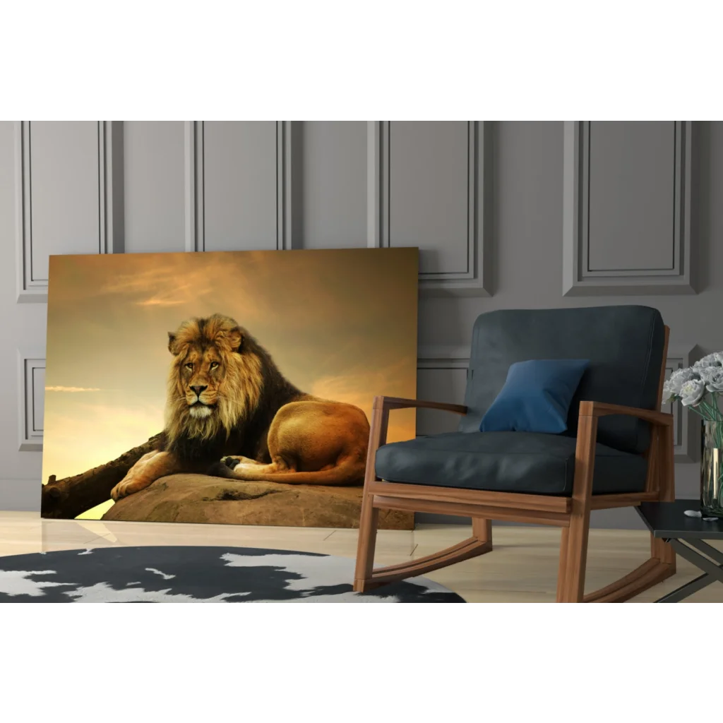 Majestic golden-maned lion sunset canvas wall art print