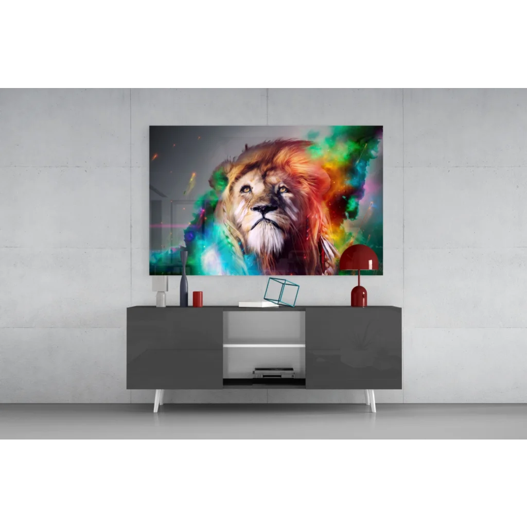 Vibrant cosmic rainbow lion glass wall art canvas print with paint splashes