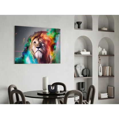 Vibrant cosmic rainbow lion glass wall art canvas print