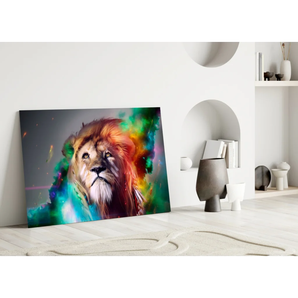 Cosmic Rainbow Lion Glass Wall Art Canvas Print | Modern Wall Art Decor | vintageantiquesgifts.com