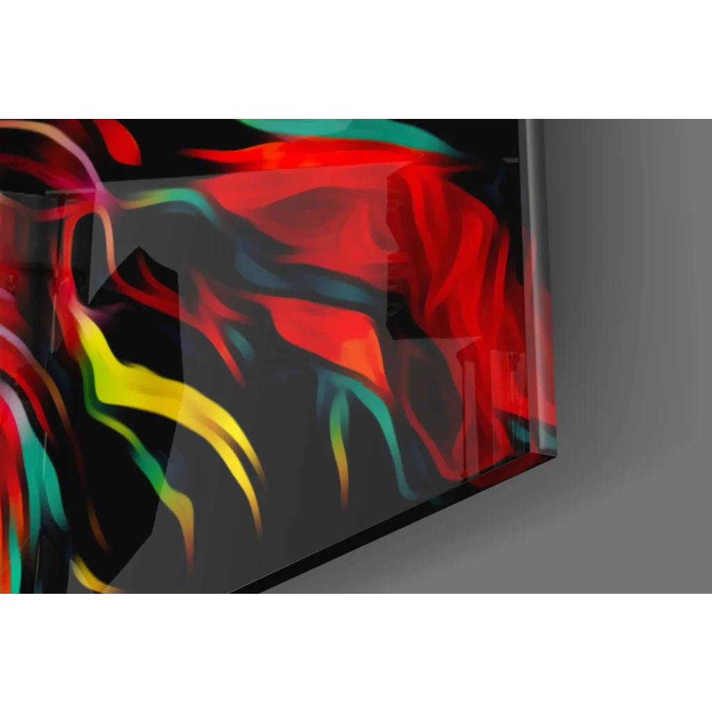 Vibrant neon lion glass wall art with bold red, yellow, teal streaks on black