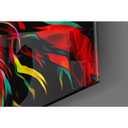 Vibrant neon lion glass wall art with bold red, yellow, teal streaks on black