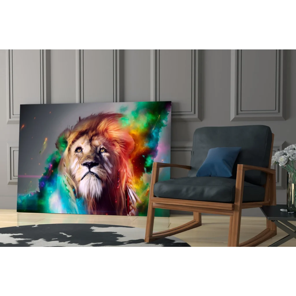 Vibrant cosmic rainbow lion glass wall art canvas print
