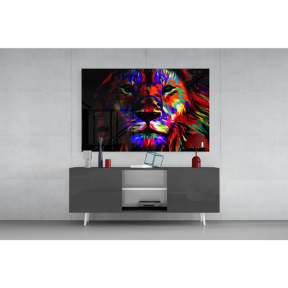 Vibrant neon lion glass wall art with bold electric colors on black
