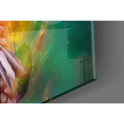 Vibrant fiery orange green TV display in Cosmic Rainbow Lion glass wall art