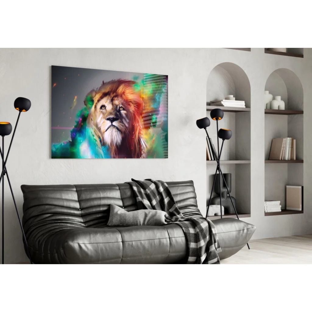 Cosmic Rainbow Lion Glass Wall Art Canvas Print | Contemporary Home Wall Art | vintageantiquesgifts.com