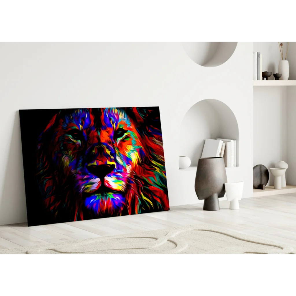 Neon Lion Glass Wall Art with Electric Abstract Colors | Modern Wall Art Decor | vintageantiquesgifts.com