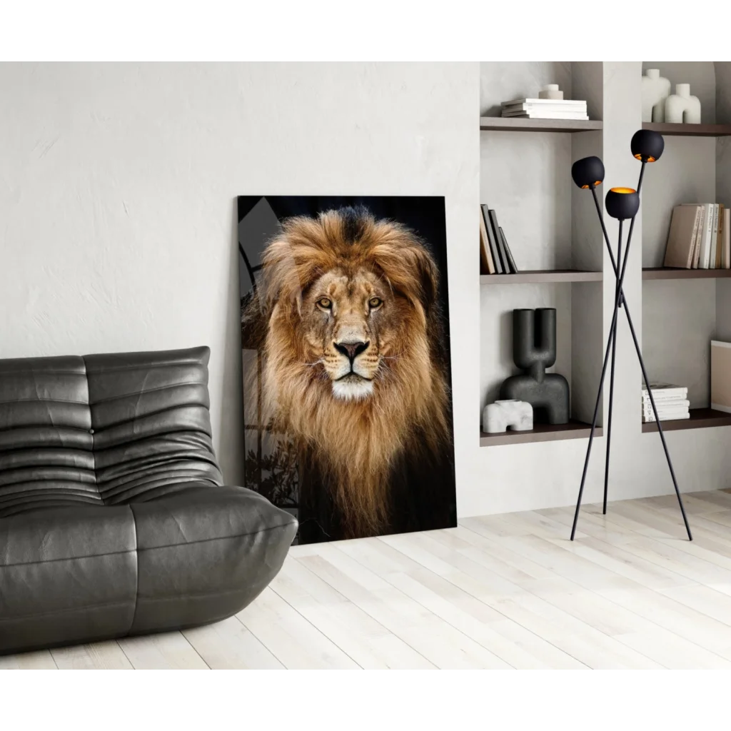 Majestic male lion in black-and-gold on glass wall art print
