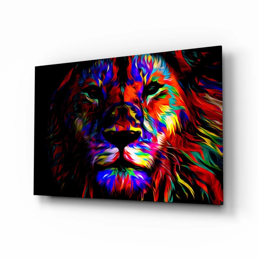 Neon Lion Glass Wall Art with Electric Abstract Colors | Insigneart USA | vintageantiquesgifts.com