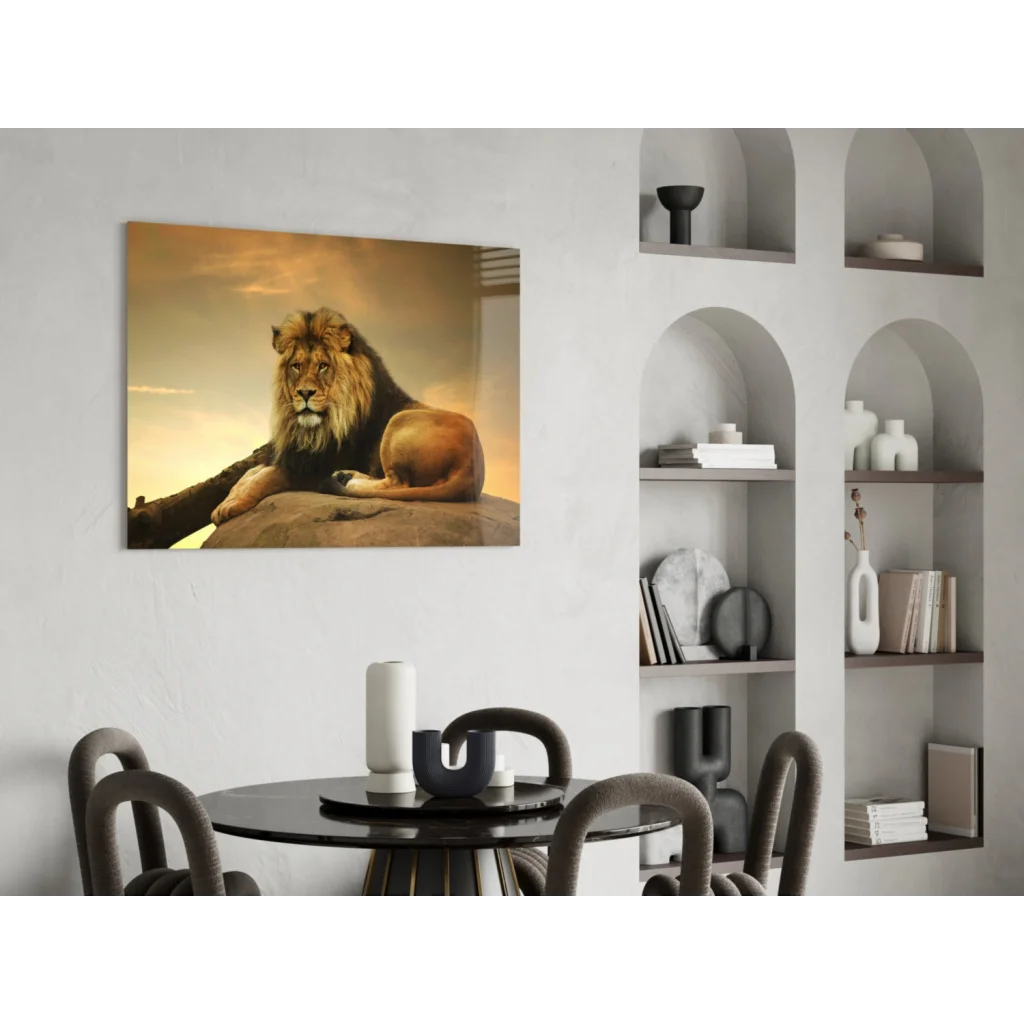 Majestic golden-maned lion canvas wall art print at sunset