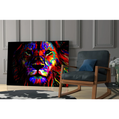 Vibrant neon lion glass wall art in bold reds, blues, yellows on black