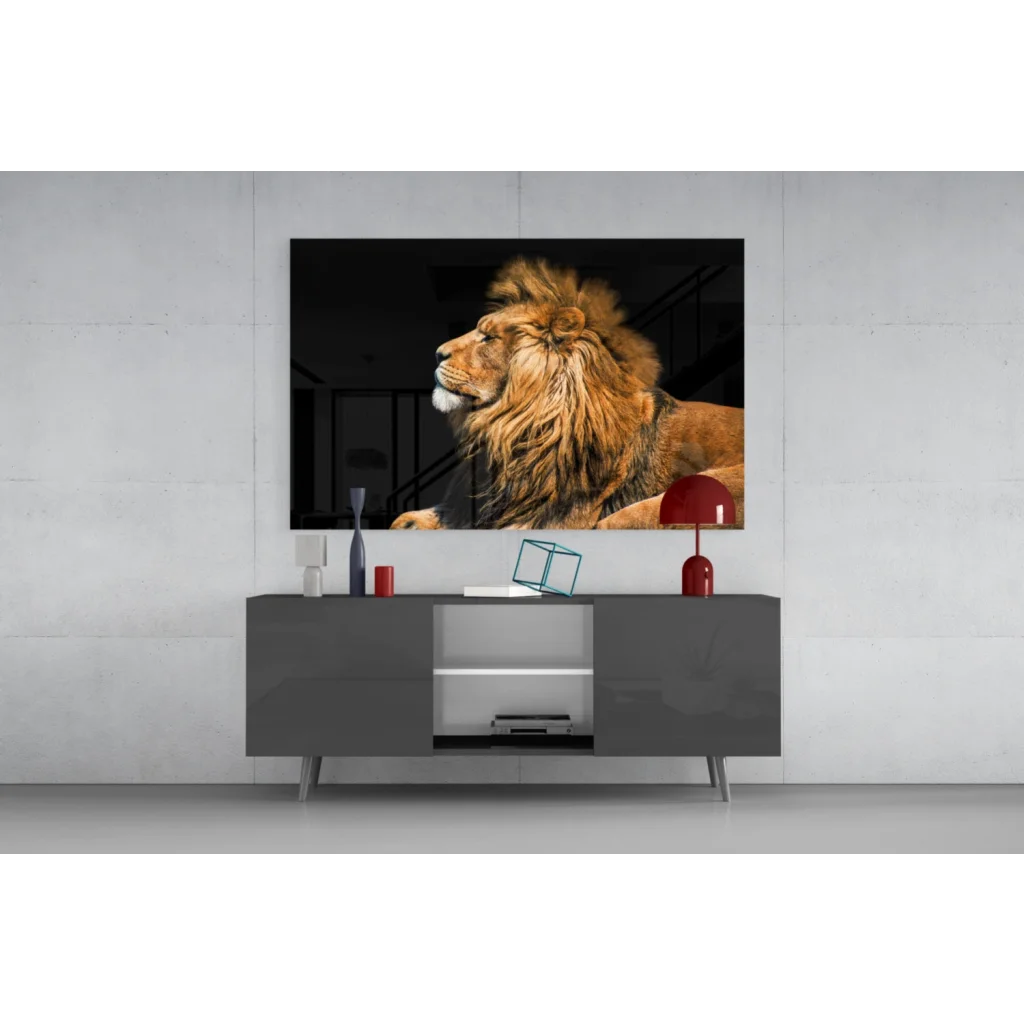 Majestic lion with golden mane in black-and-white framed wall art