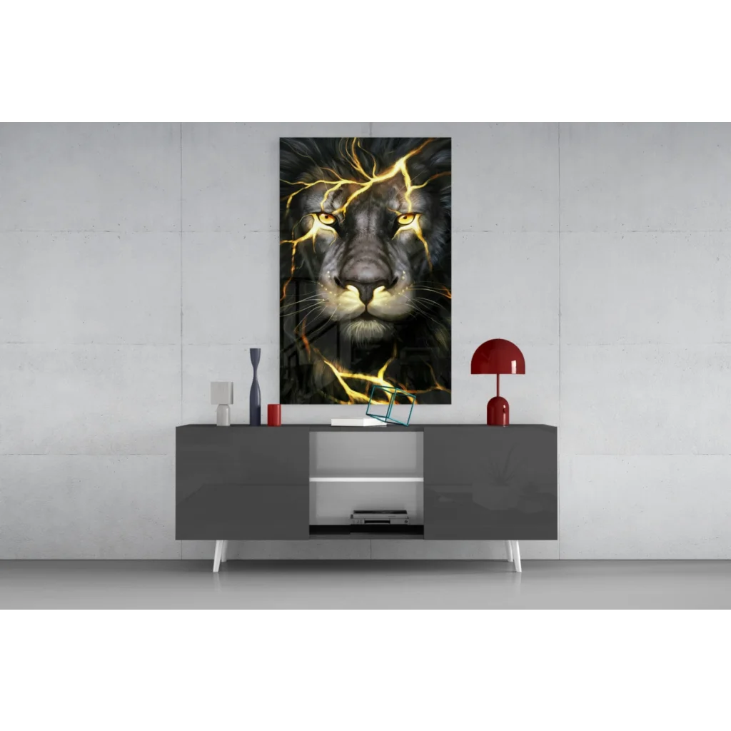 Striking black lion glass wall art with golden lightning cracks