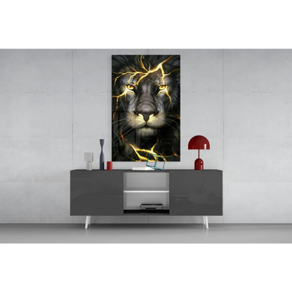 Striking black lion glass wall art with golden lightning cracks