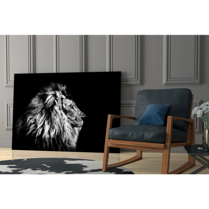 Majestic black-and-white lion profile canvas wall art in modern interior