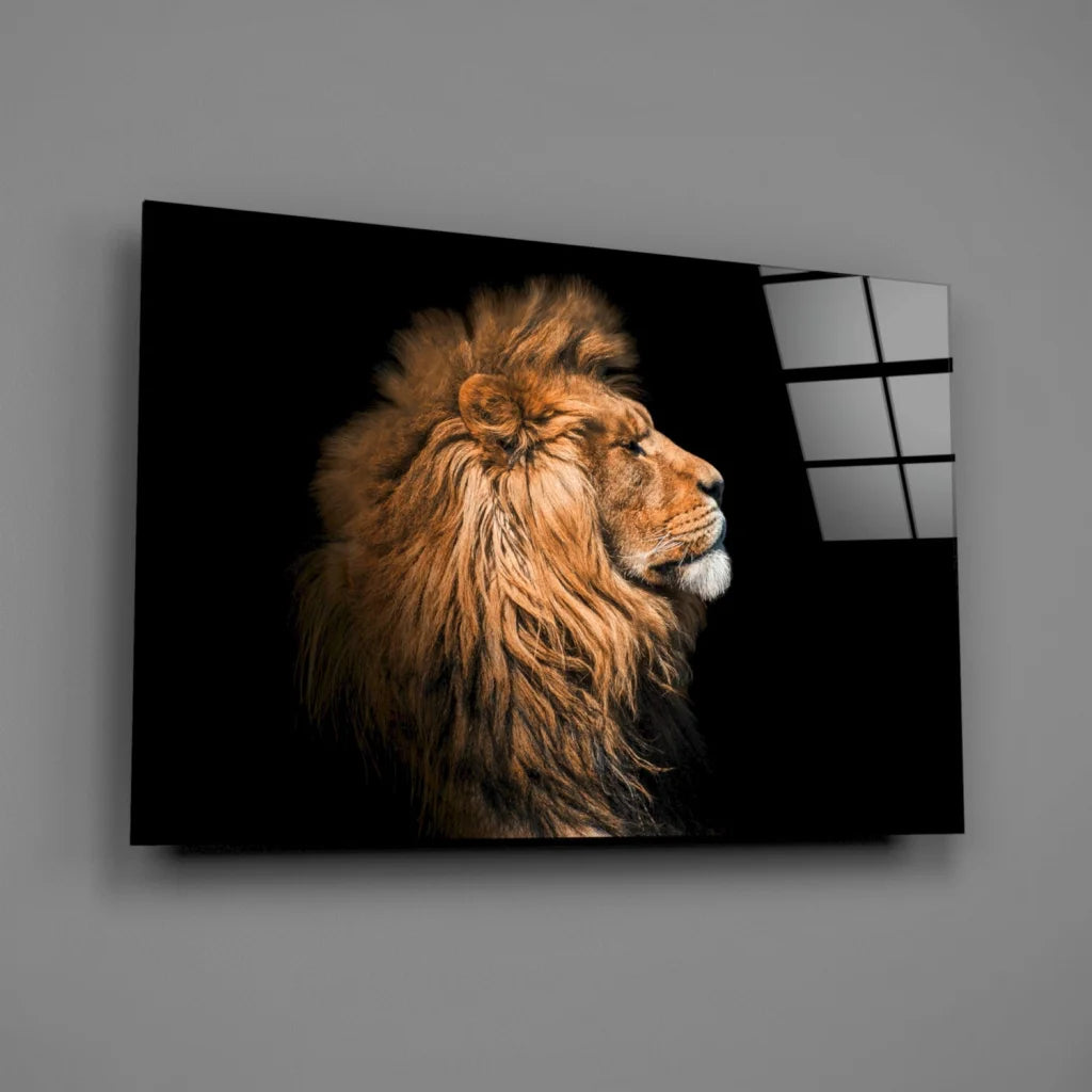 Majestic lion canvas wall art with golden mane on black background