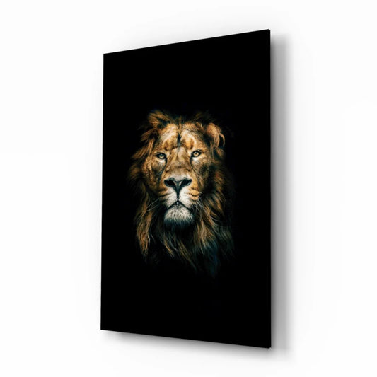 Majestic lion glass wall art with golden details on black background