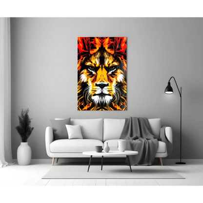 Vibrant flame-themed lion glass wall art print