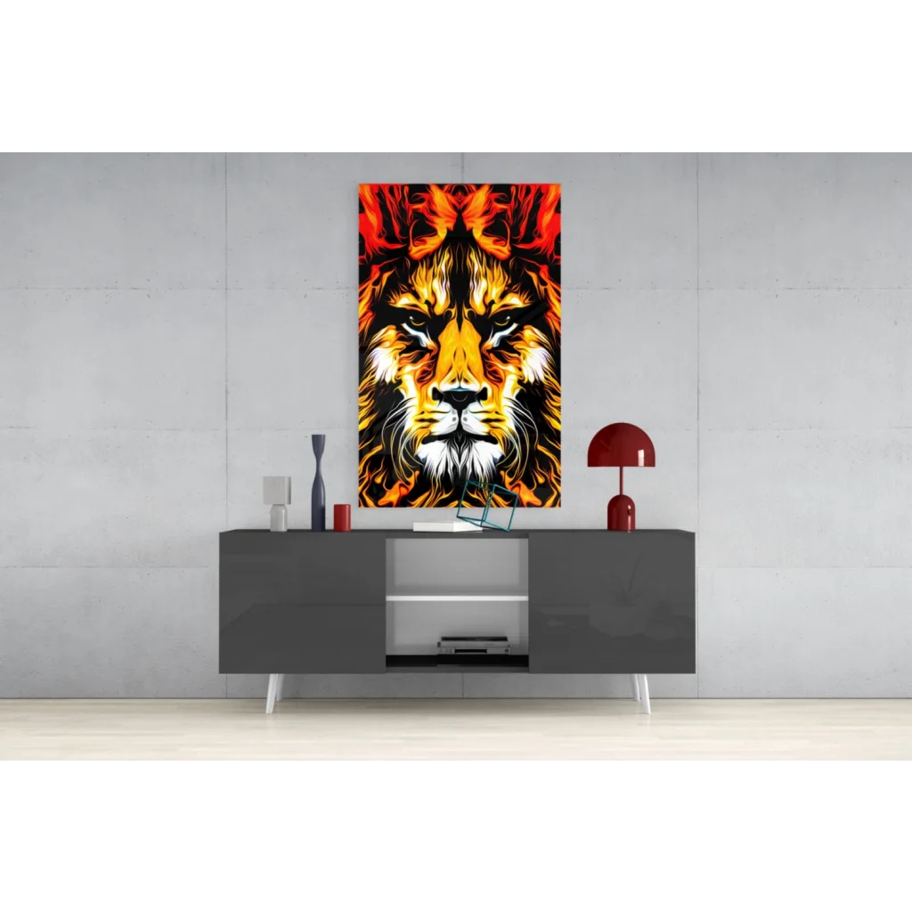 Vibrant fiery lion glass wall art print with bold flames
