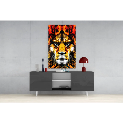Vibrant fiery lion glass wall art print with bold flames