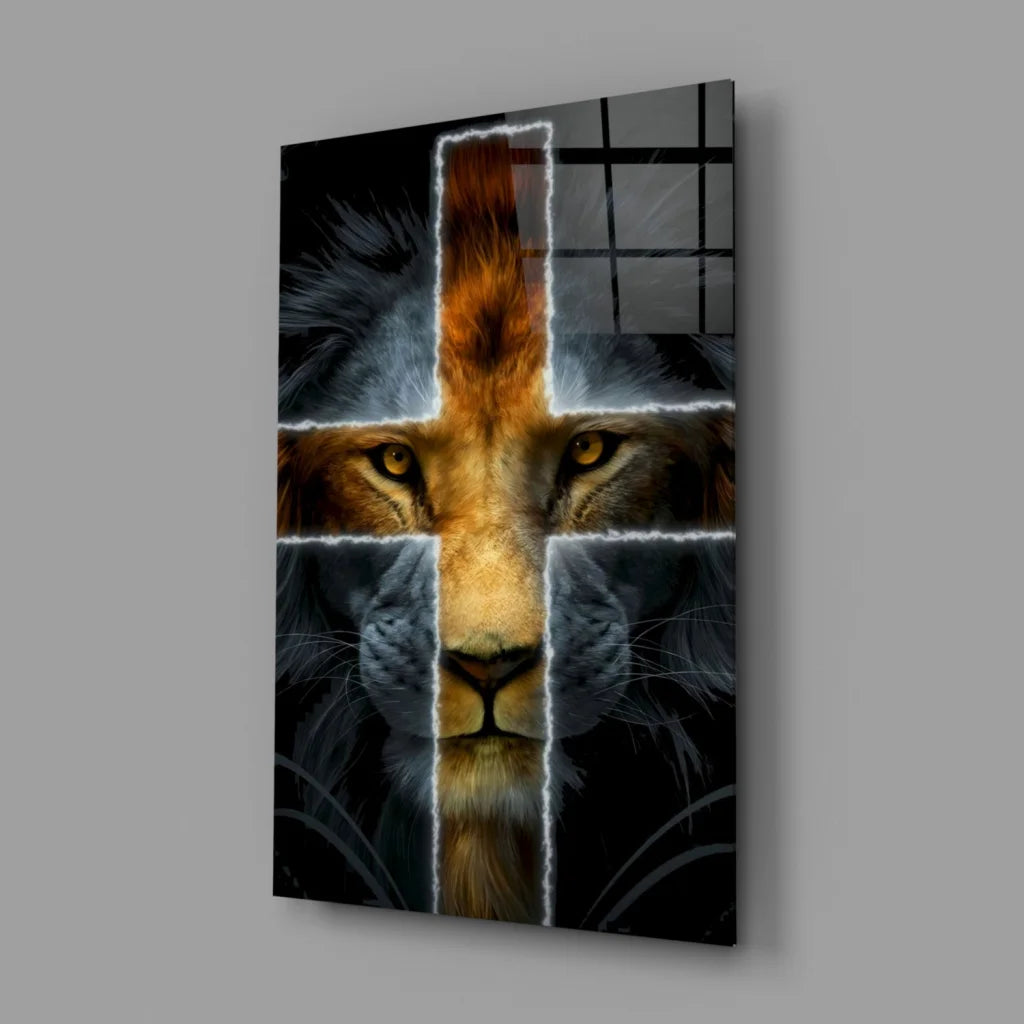 Majestic lion cross glass wall art with black gold glow on sleek panel