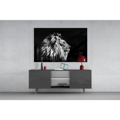 Black and white lion head wall art print mounted on wall