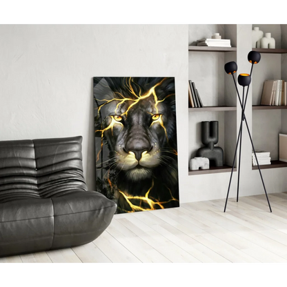 Electrified black lion glass wall art with golden lightning and yellow eyes