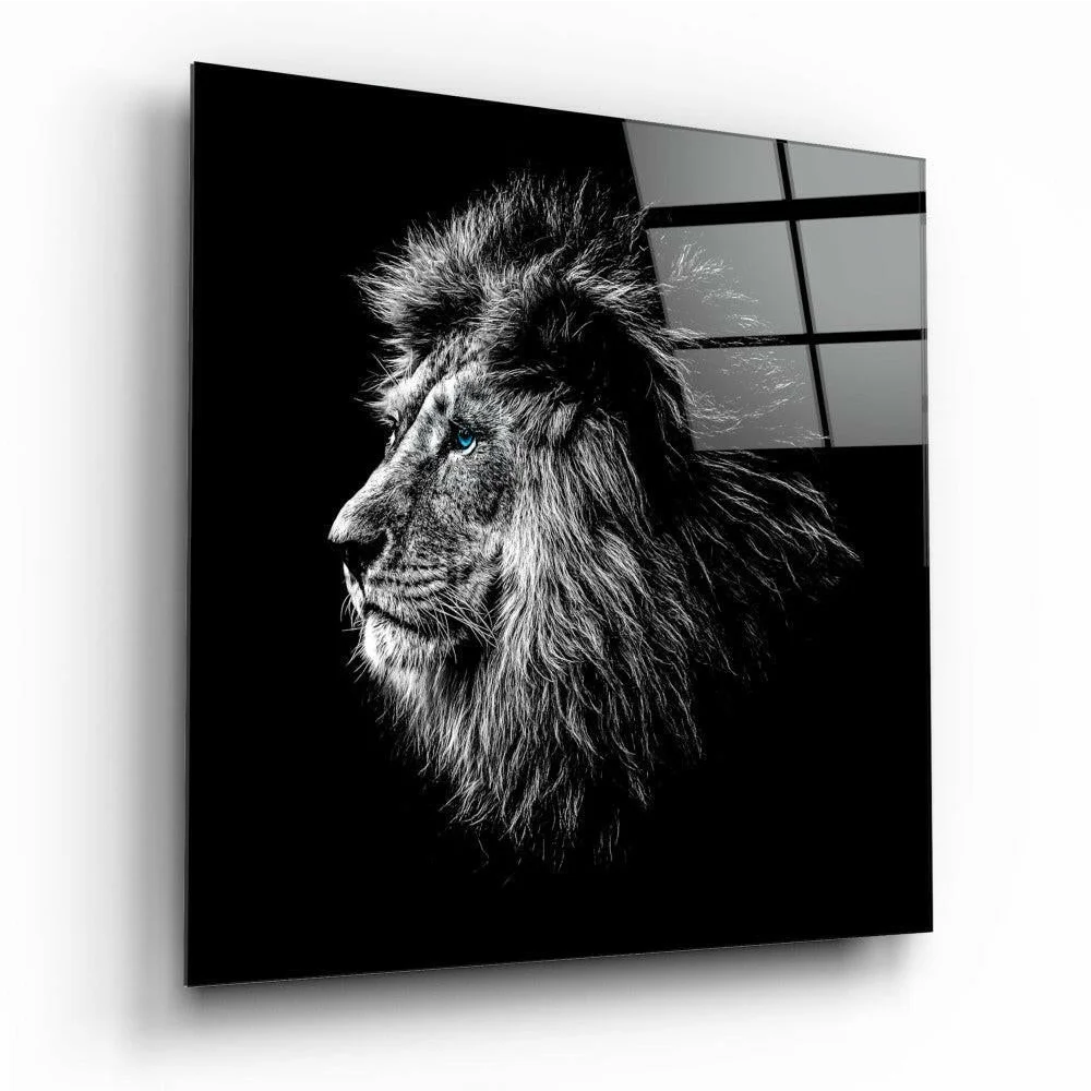 Majestic lion profile on black and white glass wall art